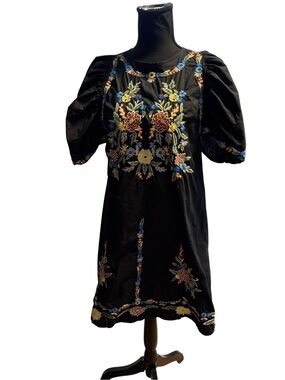 Free People Black Mini Dress with Multicolor Floral Embroidery